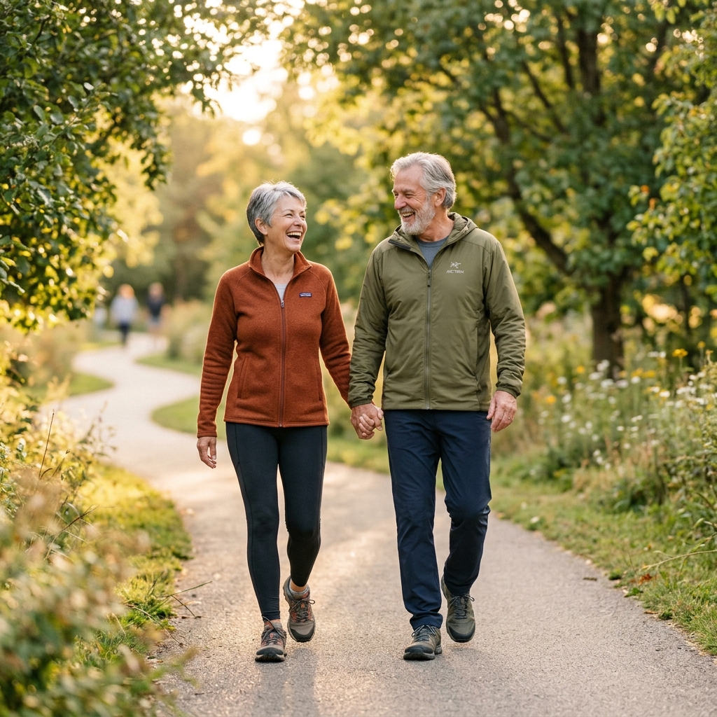 Active seniors walking together outdoors, representing healthy aging
